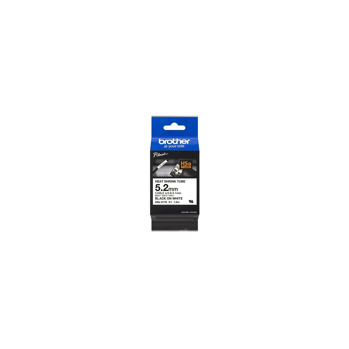 Cartouche ruban pour gaine thermorétractable Brother HSe-211E– Noir sur blanc, 5,2 mm - 1,5m