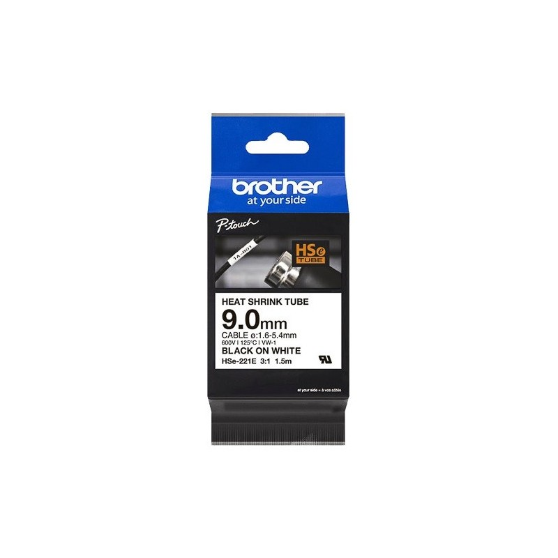 Cartouche ruban pour gaine thermorétractable Brother HSe-221E– Noir sur blanc, 9 mm - 1,5m
