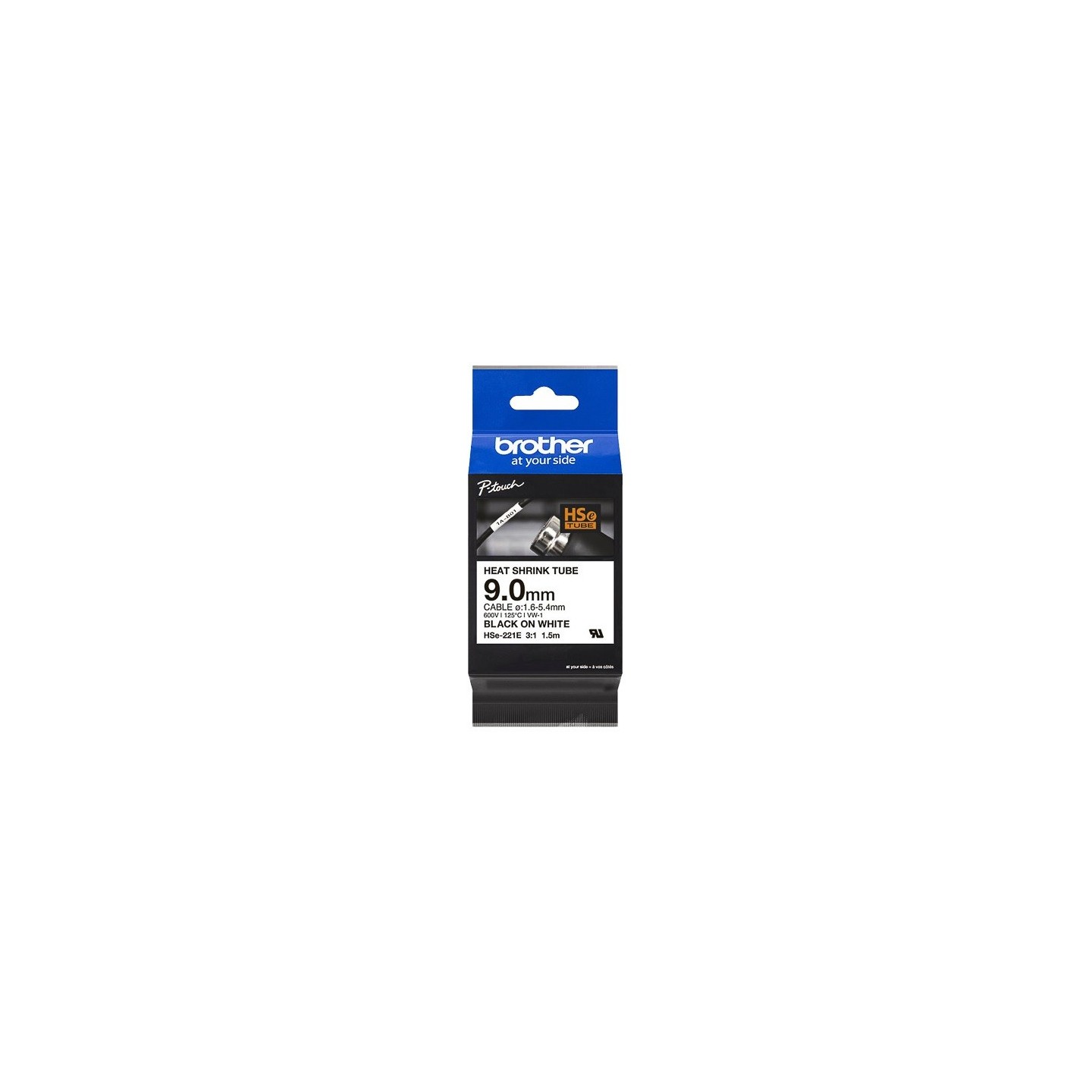 Cartouche ruban pour gaine thermorétractable Brother HSe-221E– Noir sur blanc, 9 mm - 1,5m