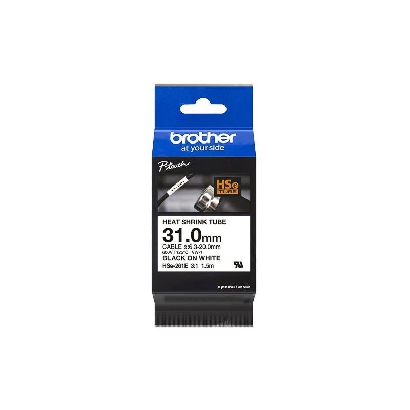 Cartouche à ruban pour gaine thermorétractable Brother HSe-261E – Noir sur blanc, 31 mm 