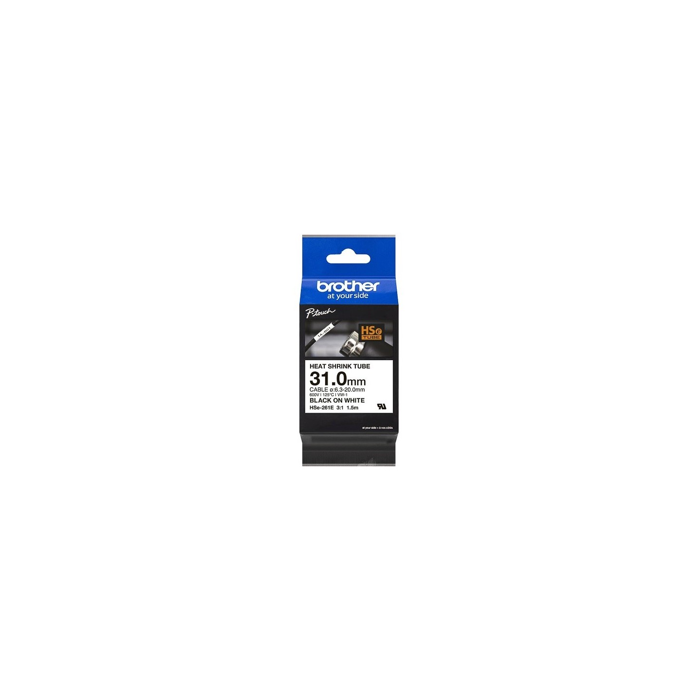 Cartouche à ruban pour gaine thermorétractable Brother HSe-261E – Noir sur blanc, 31 mm 