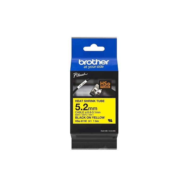 Cartouche ruban pour gaine thermorétractable Brother HSe-611E– Noir sur Jaune, 5,2 mm - 1,5m