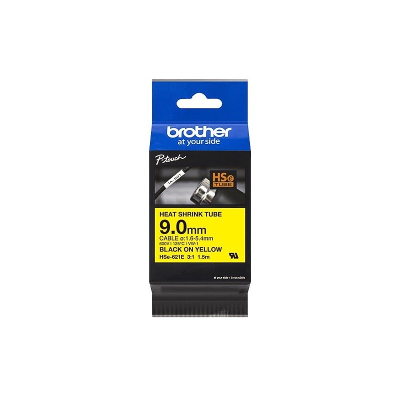 Cartouche ruban pour gaine thermorétractable Brother HSe-621E– Noir sur Jaune, 9 mm - 1,5m