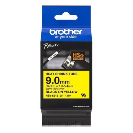 Cartouche ruban pour gaine thermorétractable Brother HSe-621E– Noir sur Jaune, 9 mm - 1,5m