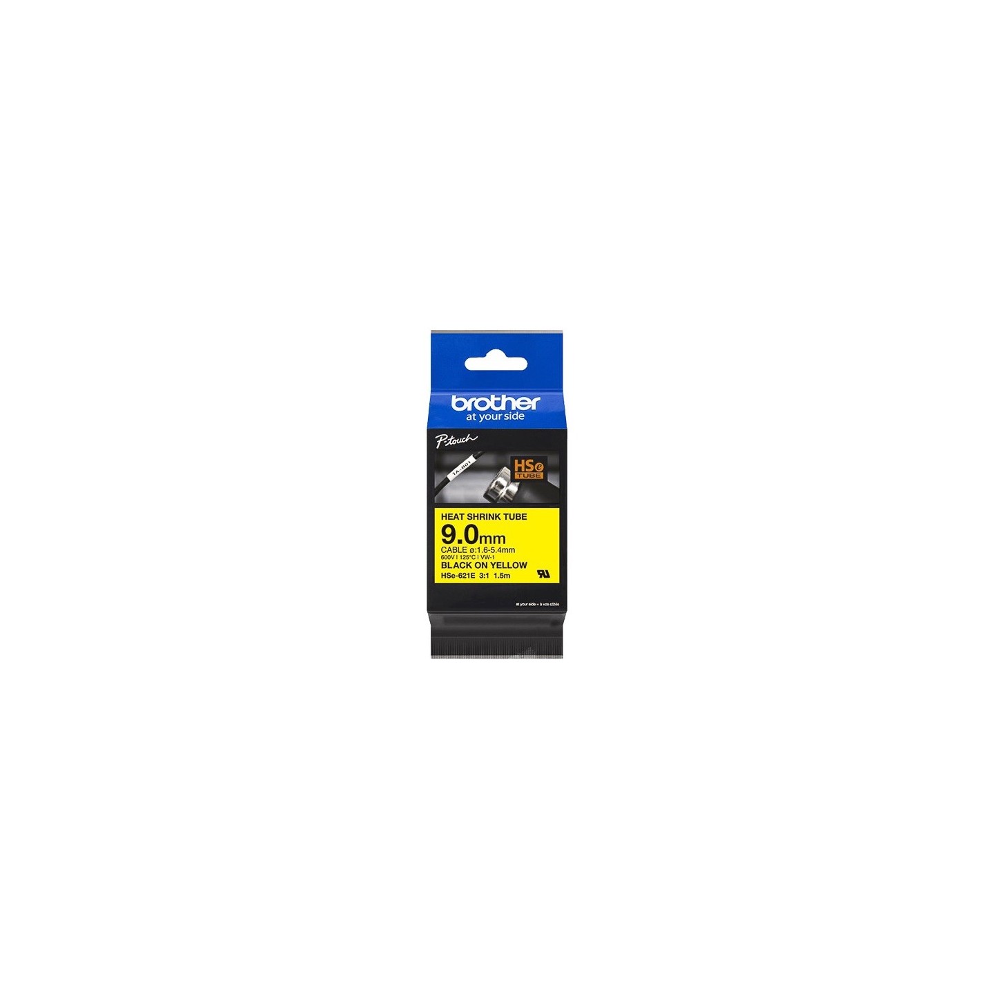 Cartouche ruban pour gaine thermorétractable Brother HSe-621E– Noir sur Jaune, 9 mm - 1,5m