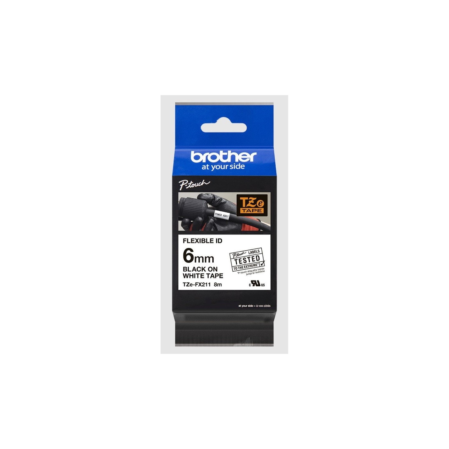 Cassette à ruban Brother pour étiqueteuse TZE-FX211 originale – Noir sur Blanc, 6 mm de large