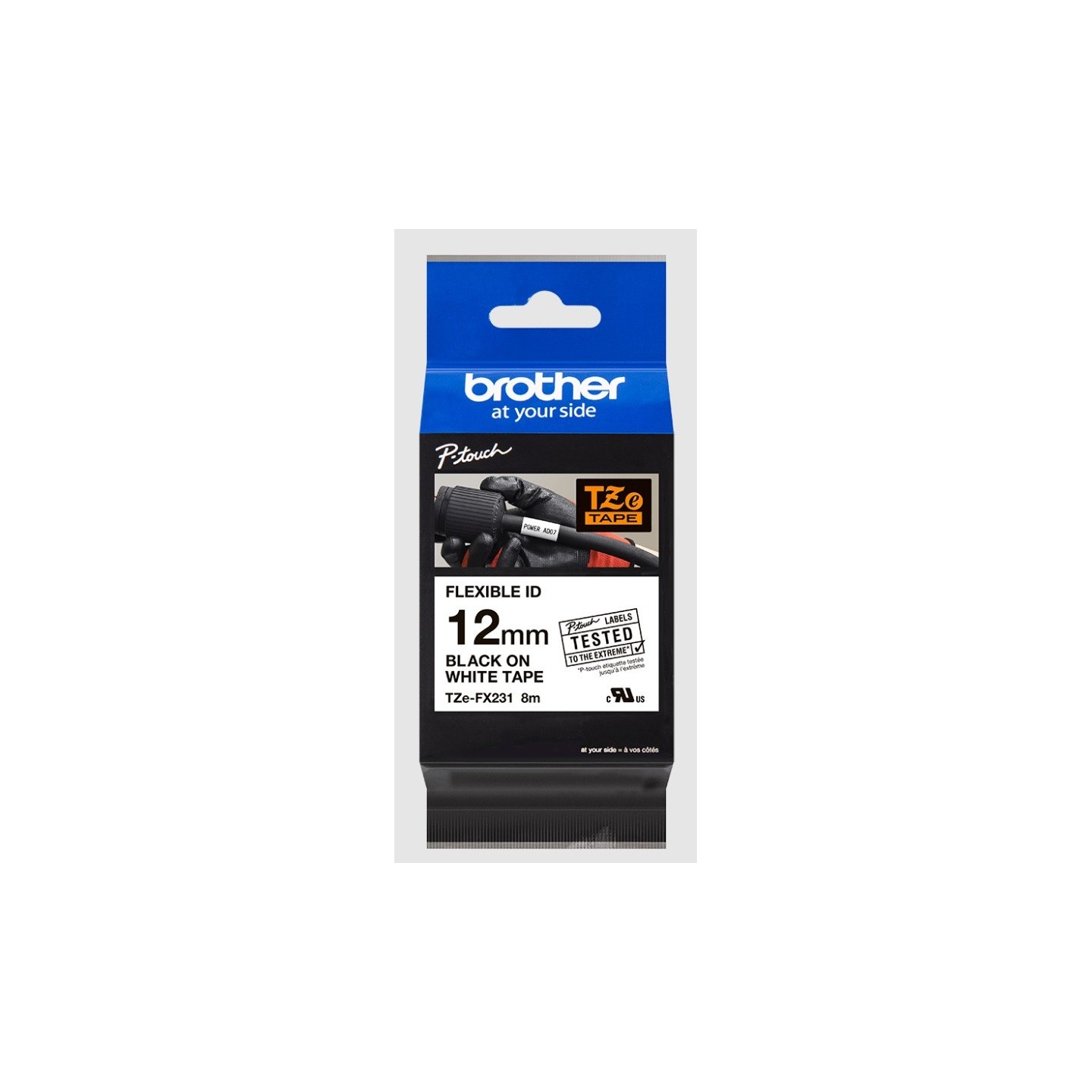 Cassette à ruban Brother pour étiqueteuse TZE-FX231 originale – Noir sur Blanc, 12 mm de large