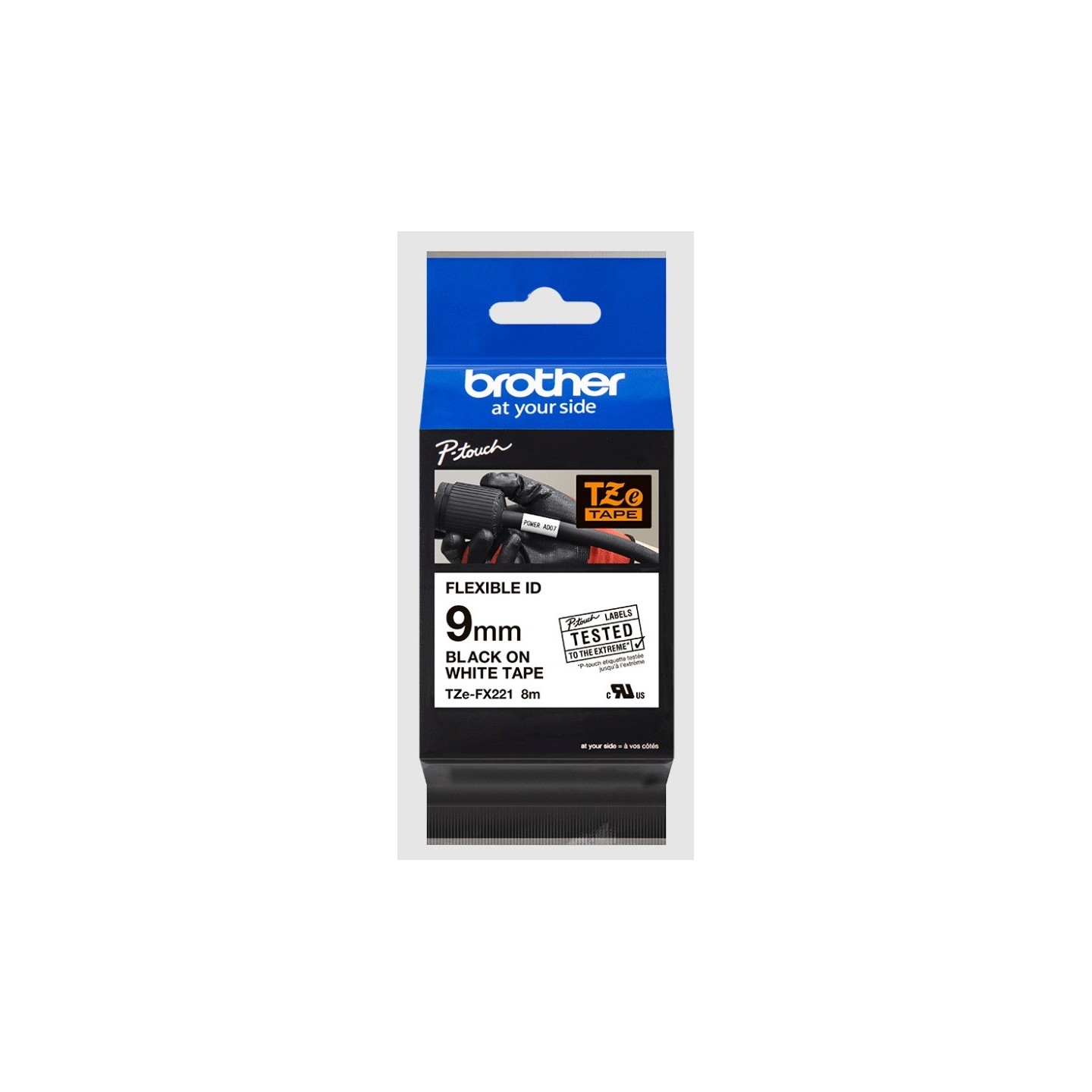 Cassette à ruban Brother pour étiqueteuse TZE-FX221 originale – Noir sur Blanc, 9 mm de large