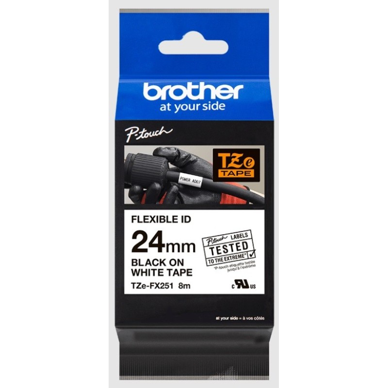 Cassette à ruban Brother pour étiqueteuse TZE-FX251 originale – Noir sur Blanc, 24 mm de large