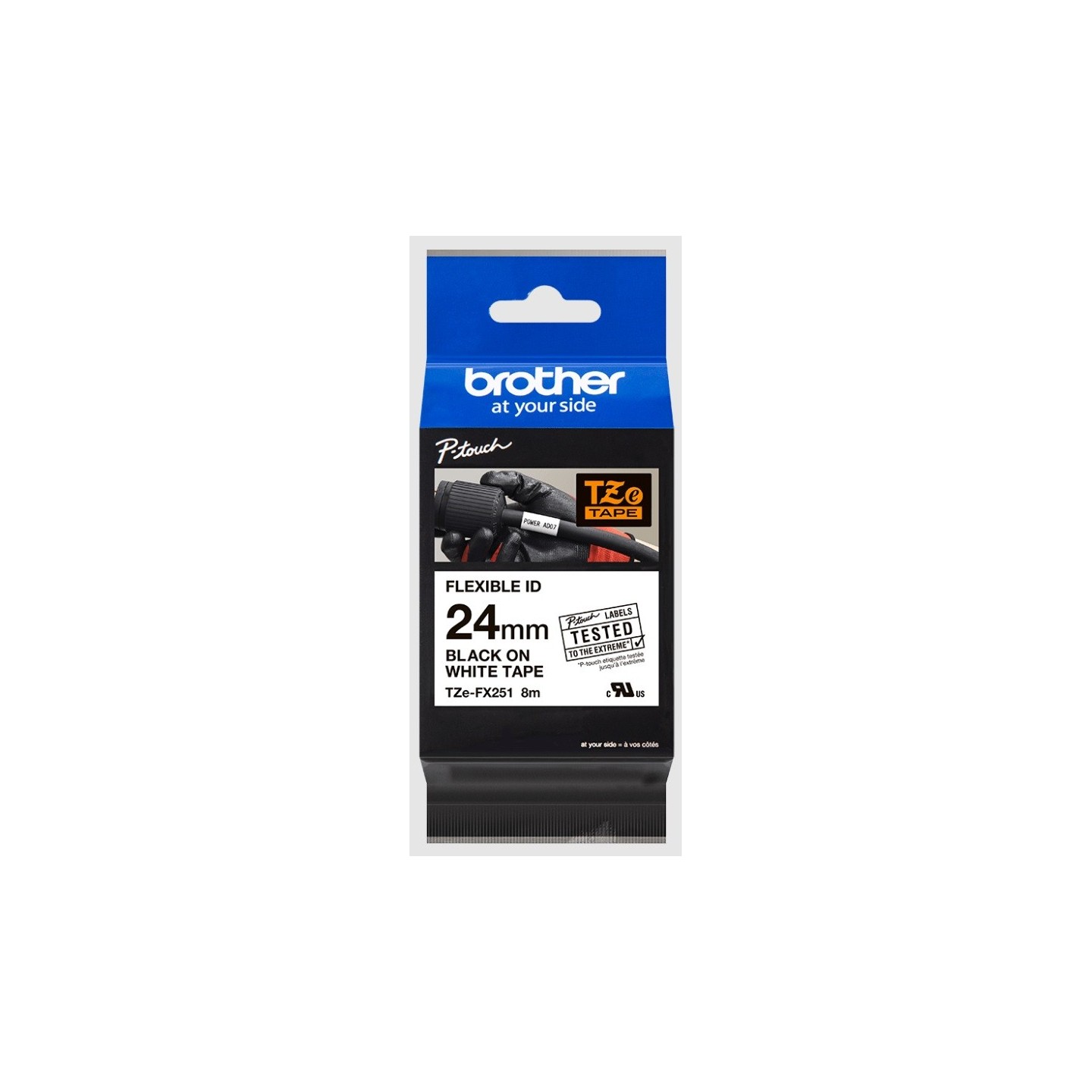 Cassette à ruban Brother pour étiqueteuse TZE-FX251 originale – Noir sur Blanc, 24 mm de large