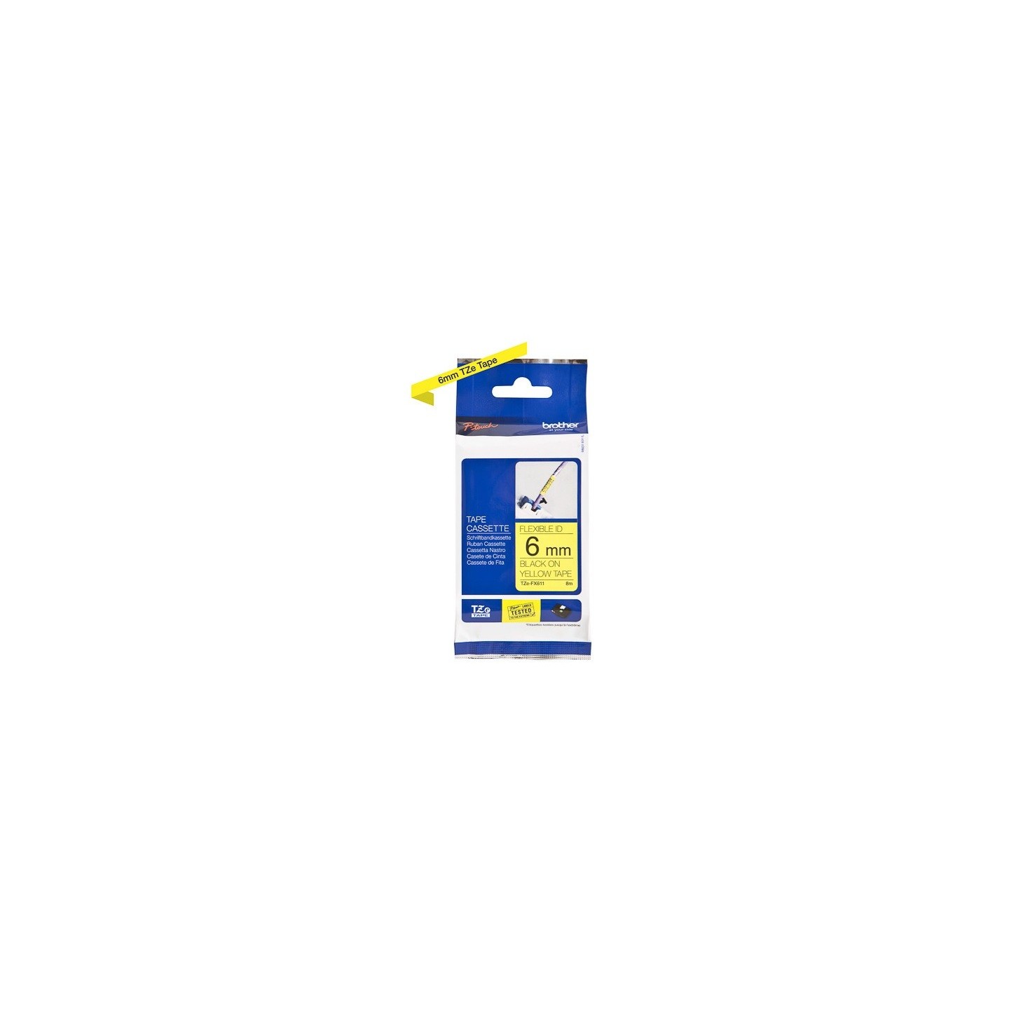 Cassette à ruban Brother pour étiqueteuse TZEFX611 originale – Noir sur Jaune, 6 mm de large