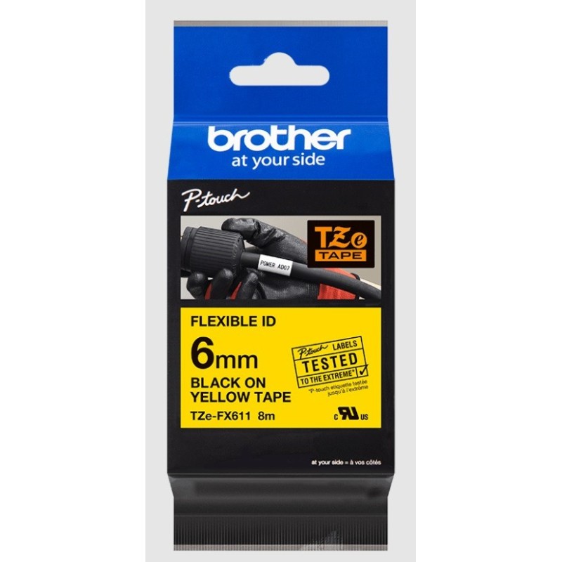 Cassette à ruban Brother pour étiqueteuse TZEFX611 originale – Noir sur Jaune, 6 mm de large