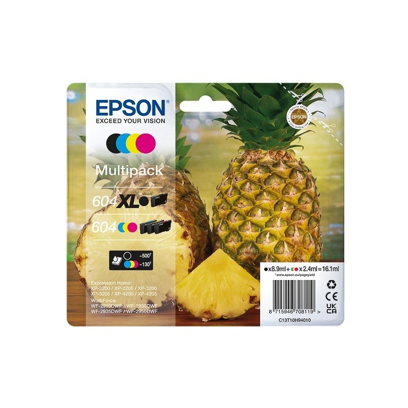 Multipack 1 Cartouche d'encre Noir Haute Capacité et 3 couleurs standard pour EPSON Expression Home XP2200, ...(N°604XL)