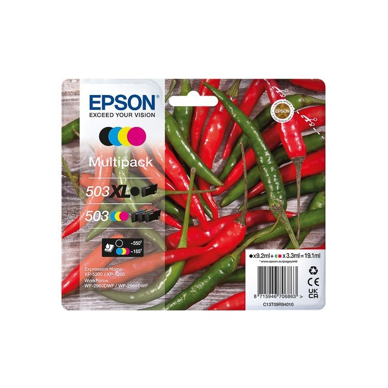 Pack 4 cartouches d'encre Noir (Haute Capacité) + Cyan, Magenta et Jaune standard Epson pour WorkForce WF-2960dwf ... (n°503XL)