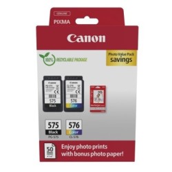 Pack 2 Cartouche noire et couleur Canon PG-575 + CL-576 et 50 feuille papier photo 10 x 15