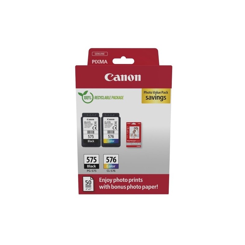 Pack 2 Cartouche noire et couleur Canon PG-575 + CL-576 et 50 feuille papier photo 10 x 15