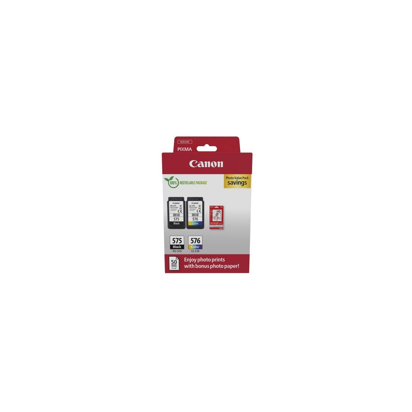 Pack 2 Cartouche noire et couleur Canon PG-575 + CL-576 et 50 feuille papier photo 10 x 15