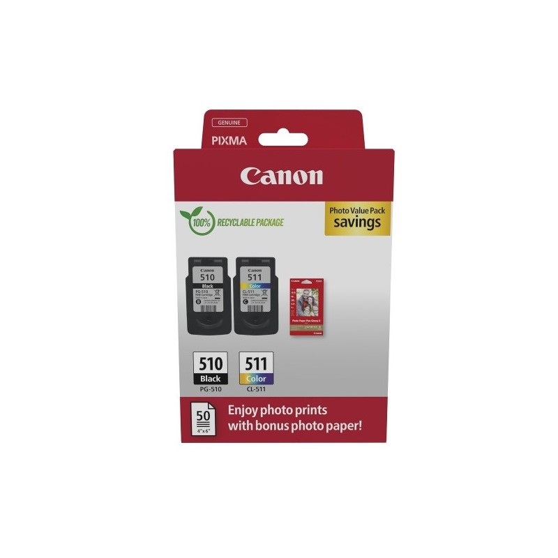 MultipackCanon (CL-511 / PG-510) et 50 feuilles papier photo 10 x 15 pour Pixma MP 240 / MP480 / MP260