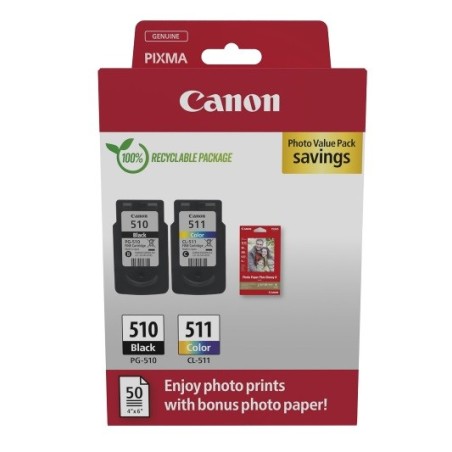 MultipackCanon (CL-511 / PG-510) et 50 feuilles papier photo 10 x 15 pour Pixma MP 240 / MP480 / MP260