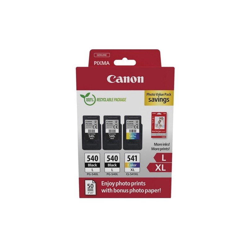Multipack Canon (2 x PG-540/CL-541XL) et 50 feuilles papier photo 10 x 15 pour Pixma MG2150 / MG3150...