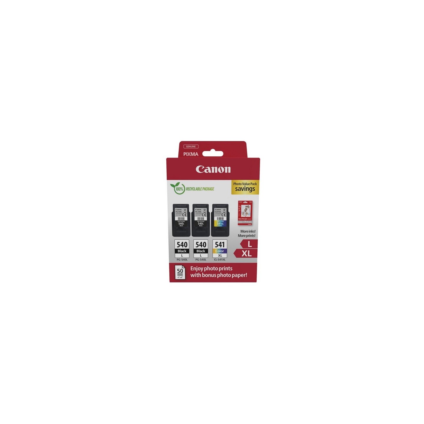 Multipack Canon (2 x PG-540/CL-541XL) et 50 feuilles papier photo 10 x 15 pour Pixma MG2150 / MG3150...