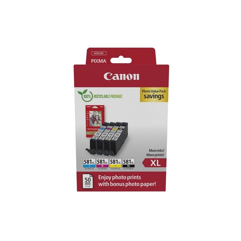 Multipack 4 x CLI-581XL Haute capacité + papier photo Canon pour Gamme PIXMA TS8150 ...