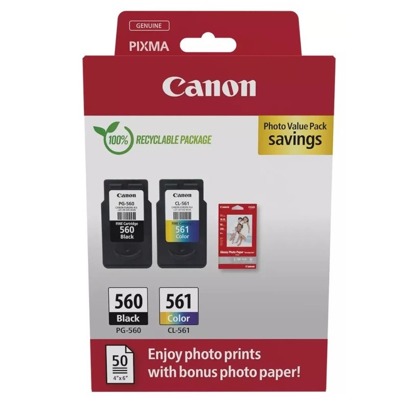 Pack de 2 Cartouches d'encre Noir et Couleur (PG-560 + CL-561) + papier Photo Canon pour Pixma TS5350, ...