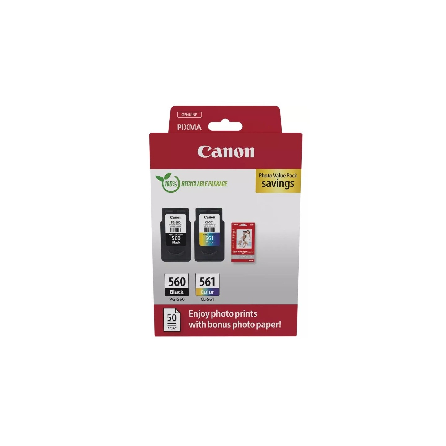 Pack de 2 Cartouches d'encre Noir et Couleur (PG-560 + CL-561) + papier Photo Canon pour Pixma TS5350, ...