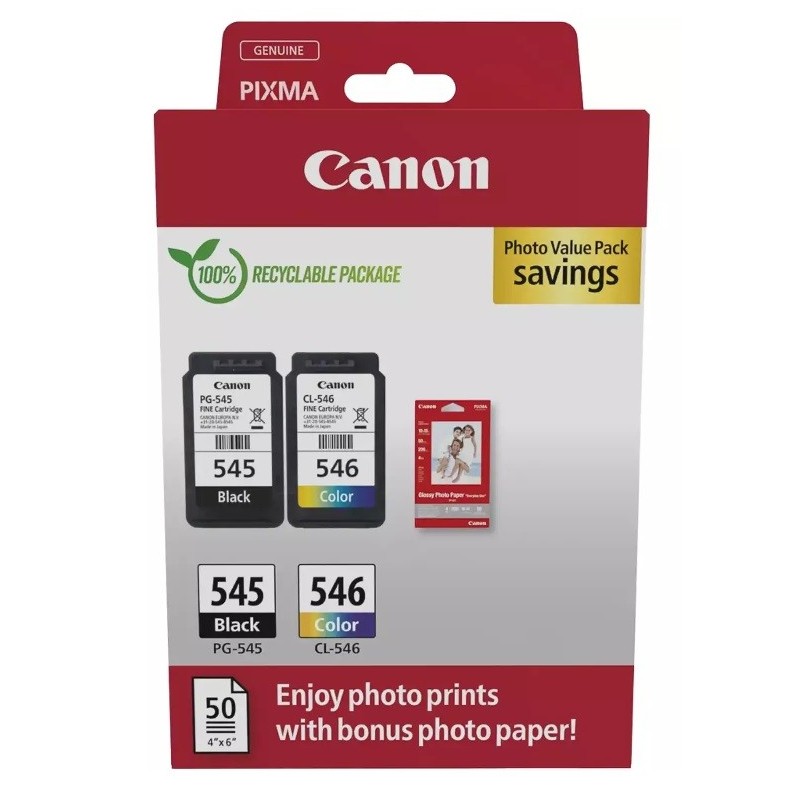 Pack Cartouche jet d'encre noir + couleur pour Canon MG2450 / IP2850...+ papier photo (PG-545/CL-546)(8287B009)
