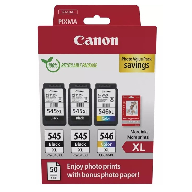 Multipack 2 x noir + couleur + papier photo Canon pour pixma MG2450 / MG2550 / MX495...(2 x PG-545XL + CL-546XL)
