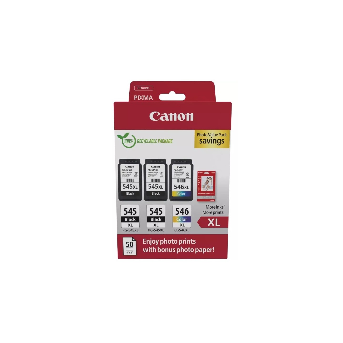 Multipack 2 x noir + couleur + papier photo Canon pour pixma MG2450 / MG2550 / MX495...(2 x PG-545XL + CL-546XL)