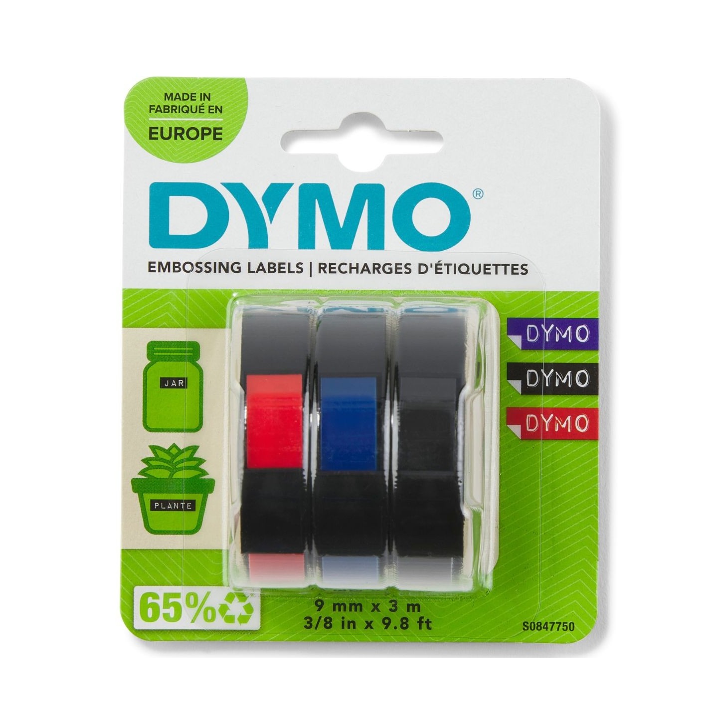Ruban Encreur Dymo D1  9mm x 3m   Rouge / Bleu / Noir