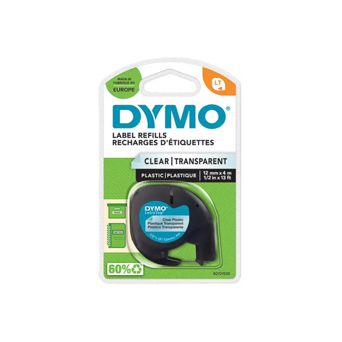 Ruban d'étiquettes en plastique Dymo LT 12mm x 4m noir / transparent pour étiqueteuse 