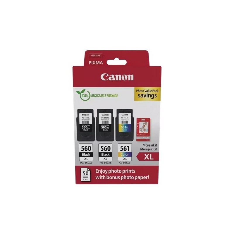 Pack de 2 Cartouches d'encre Noir et Couleur Haute capacité (PG-560XL + CL-561XL) et papier photo Canon pour Pixma TS5350, ...