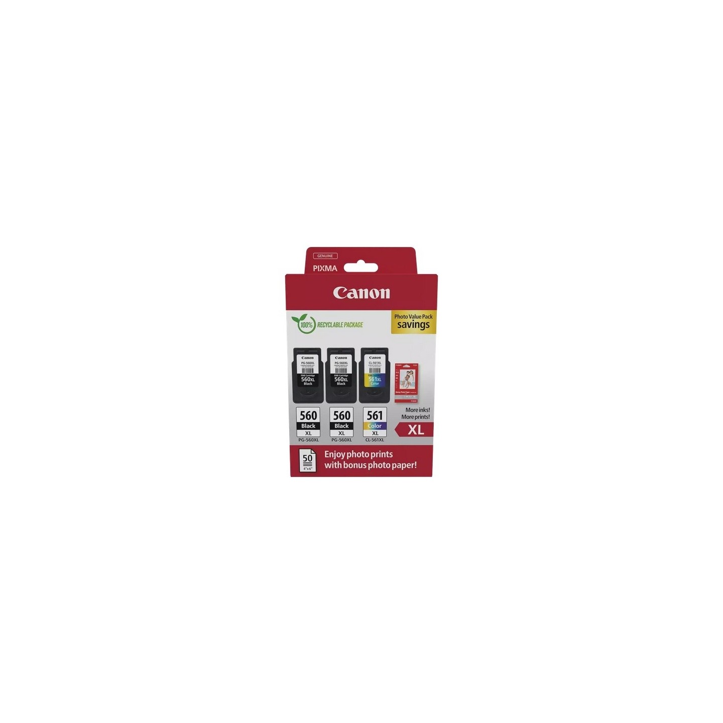 Pack de 2 Cartouches d'encre Noir et Couleur Haute capacité (PG-560XL + CL-561XL) et papier photo Canon pour Pixma TS5350, ...