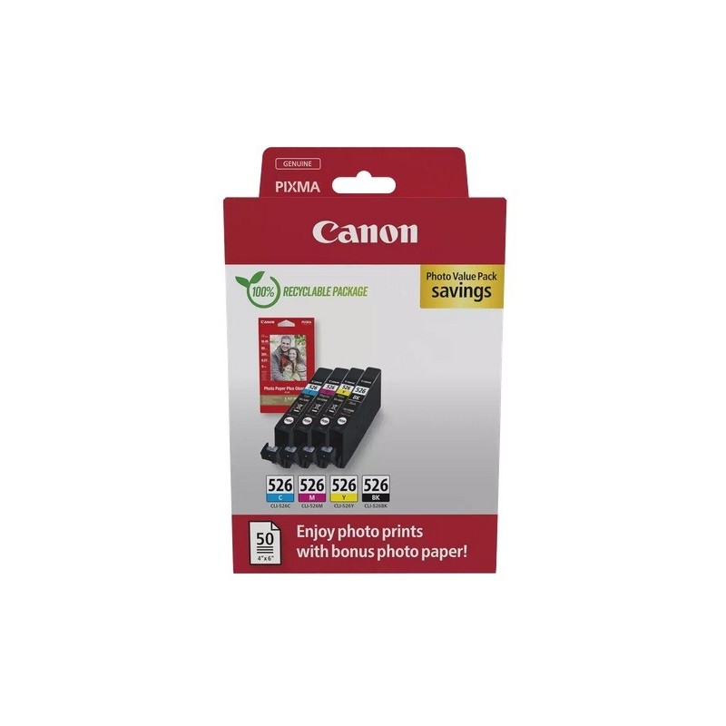 Multipack Canon CLI-526 N/C/M/Y + papier photo pour IP4850 / MG5150.....