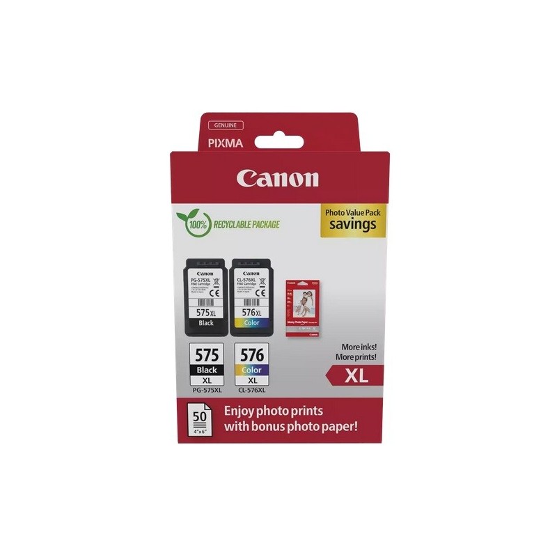 Pack 2 Cartouches noire et couleur HC Canon PG-575XL + CL-576XL et 50 feuilles papier photo 10 x 15