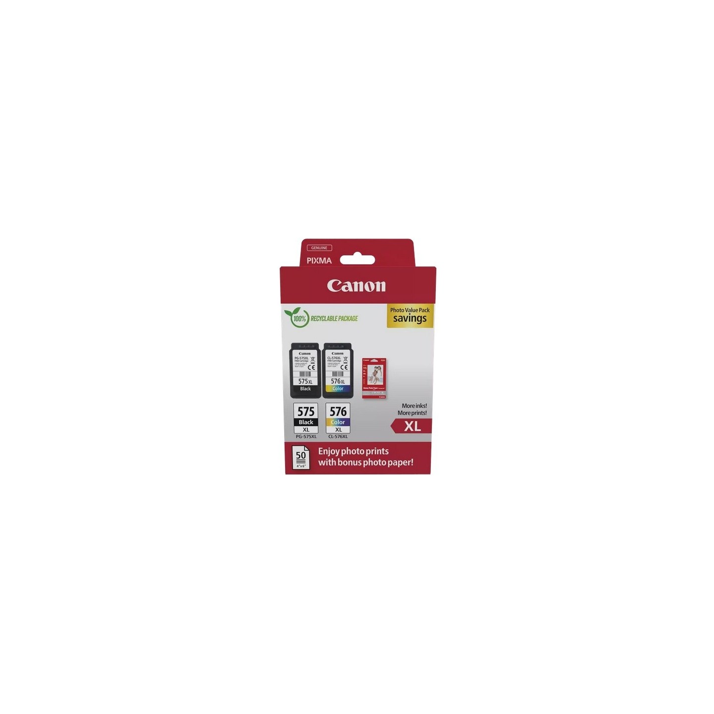 Pack 2 Cartouches noire et couleur HC Canon PG-575XL + CL-576XL et 50 feuilles papier photo 10 x 15