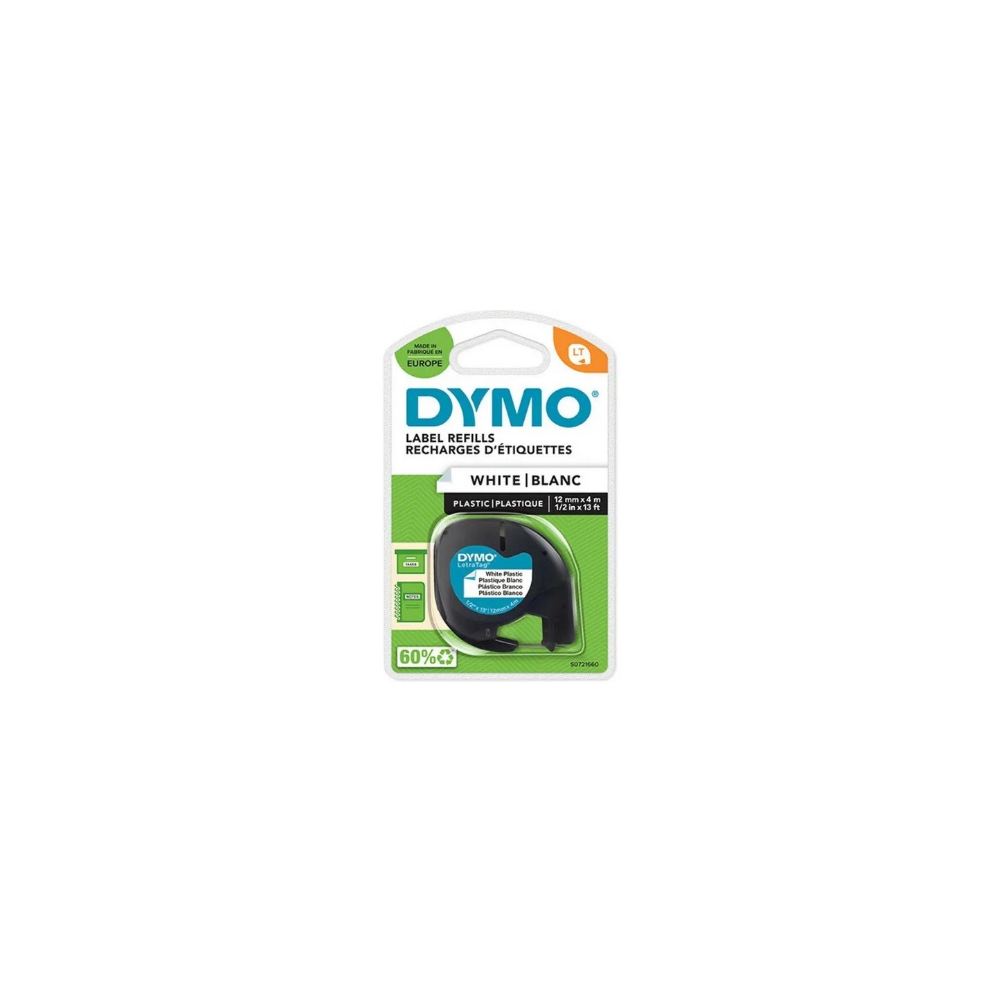 Ruban d'étiquettes en plastique Dymo LT 12mm x 4m noir / blanc pour étiqueteuse 
