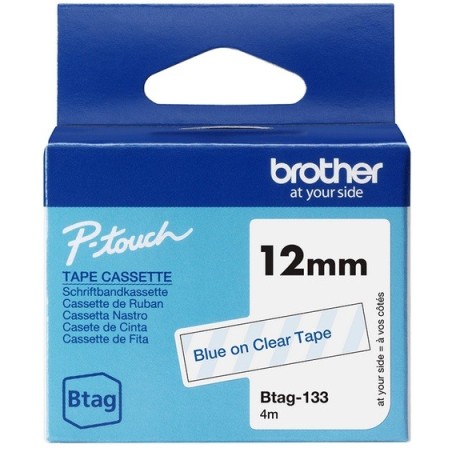 Ruban d'étiquetage adhésif Brother P-Touch, Bleu sur transparent, 12 mm de large, non laminé