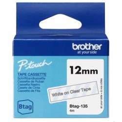 Ruban d'étiquetage adhésif Brother P-Touch, Blanc sur transparent, 12 mm de large, non laminé