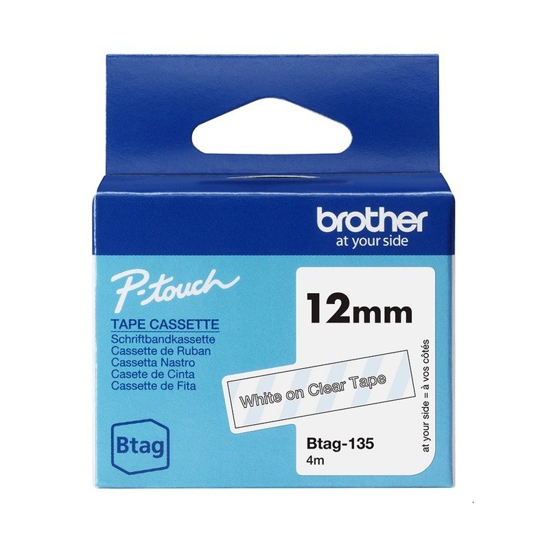 Ruban d'étiquetage adhésif Brother P-Touch, Blanc sur transparent, 12 mm de large, non laminé
