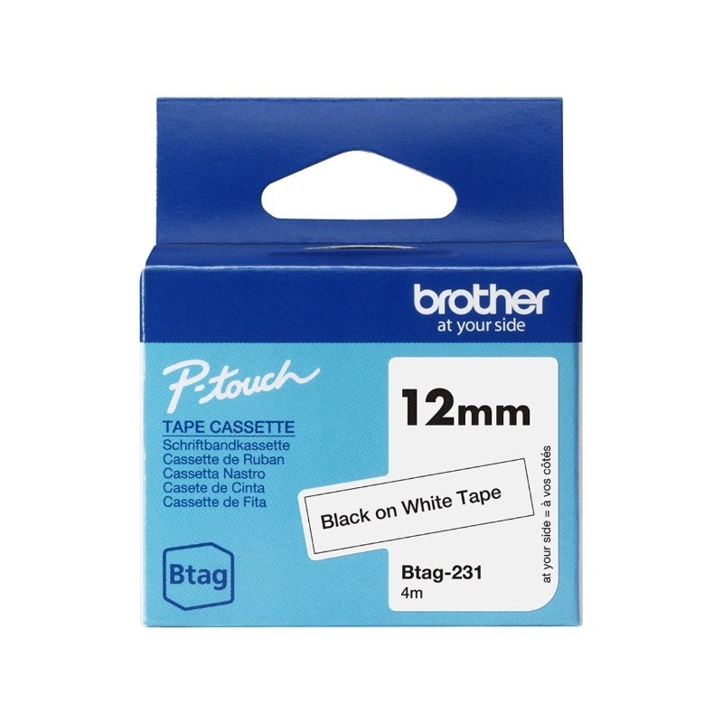 Ruban d'étiquetage adhésif Brother P-Touch, Noir sur blanc, 12 mm de large, non laminé