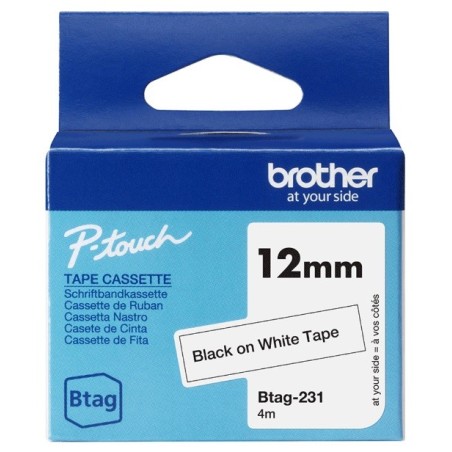 Ruban d'étiquetage adhésif Brother P-Touch, Noir sur blanc, 12 mm de large, non laminé