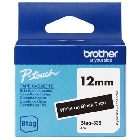 Ruban d'étiquetage adhésif Brother P-Touch, Banc sur noir, 12 mm de large, non laminé