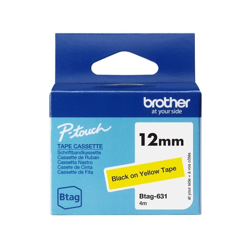 Ruban d'étiquetage adhésif Brother P-Touch, Noir sur jaune, 12 mm de large, non laminé