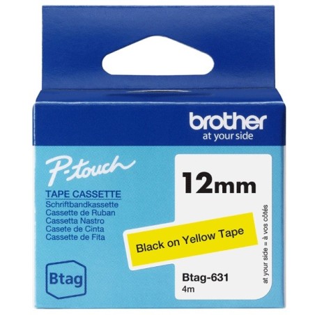 Ruban d'étiquetage adhésif Brother P-Touch, Noir sur jaune, 12 mm de large, non laminé