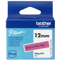 Ruban d'étiquetage adhésif Brother P-Touch, Noir sur rose, 12 mm de large, non laminé