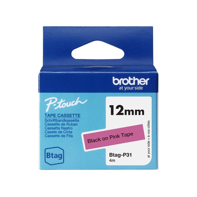 Ruban d'étiquetage adhésif Brother P-Touch, Noir sur rose, 12 mm de large, non laminé