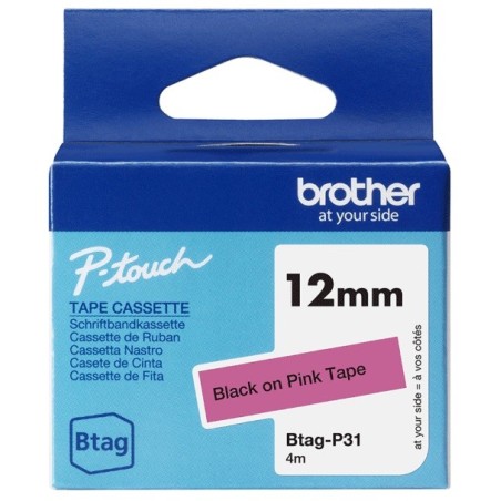 Ruban d'étiquetage adhésif Brother P-Touch, Noir sur rose, 12 mm de large, non laminé